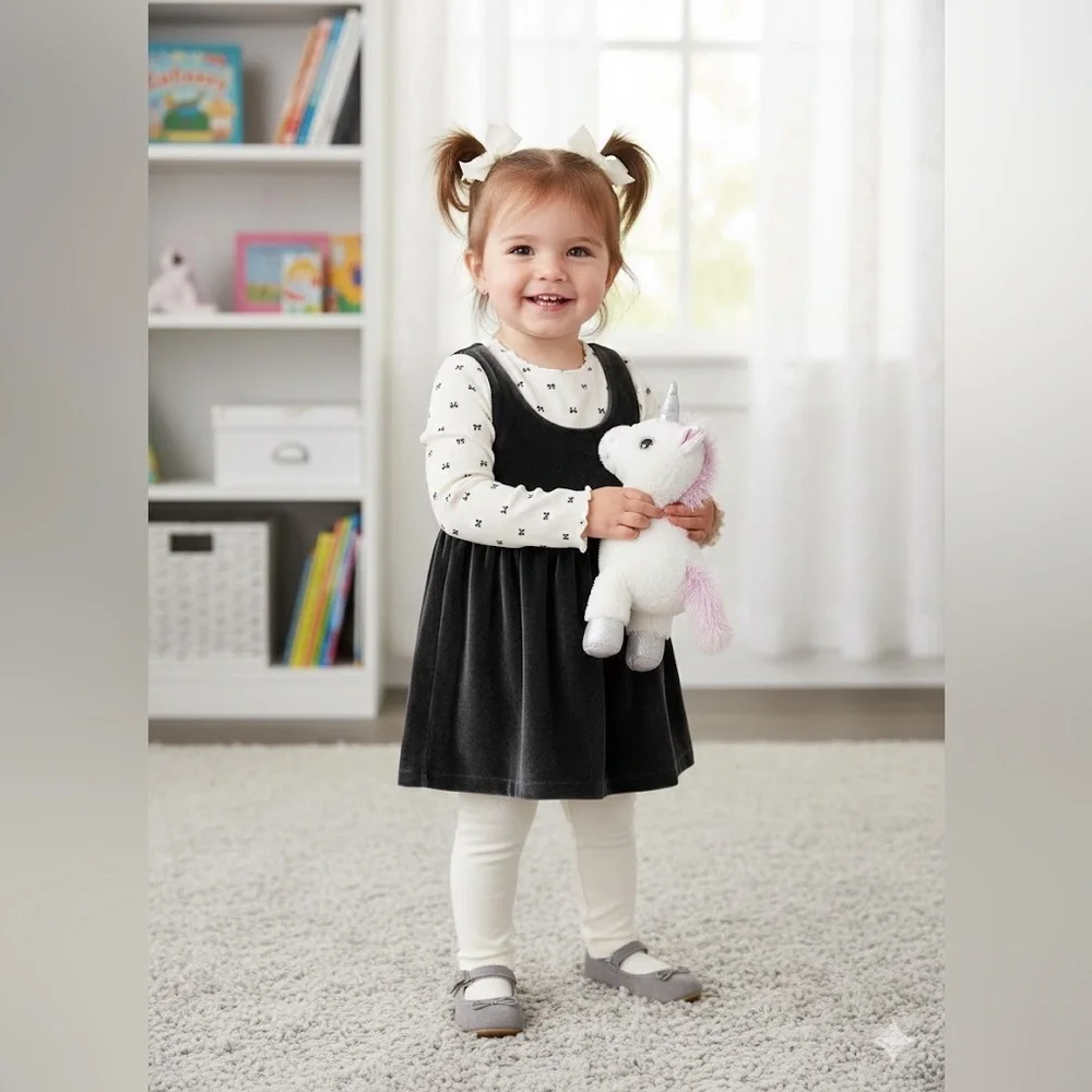 Carter’s Adorable Black Dress With White Long Sleeve Toddler Girl Set 3 Pieces